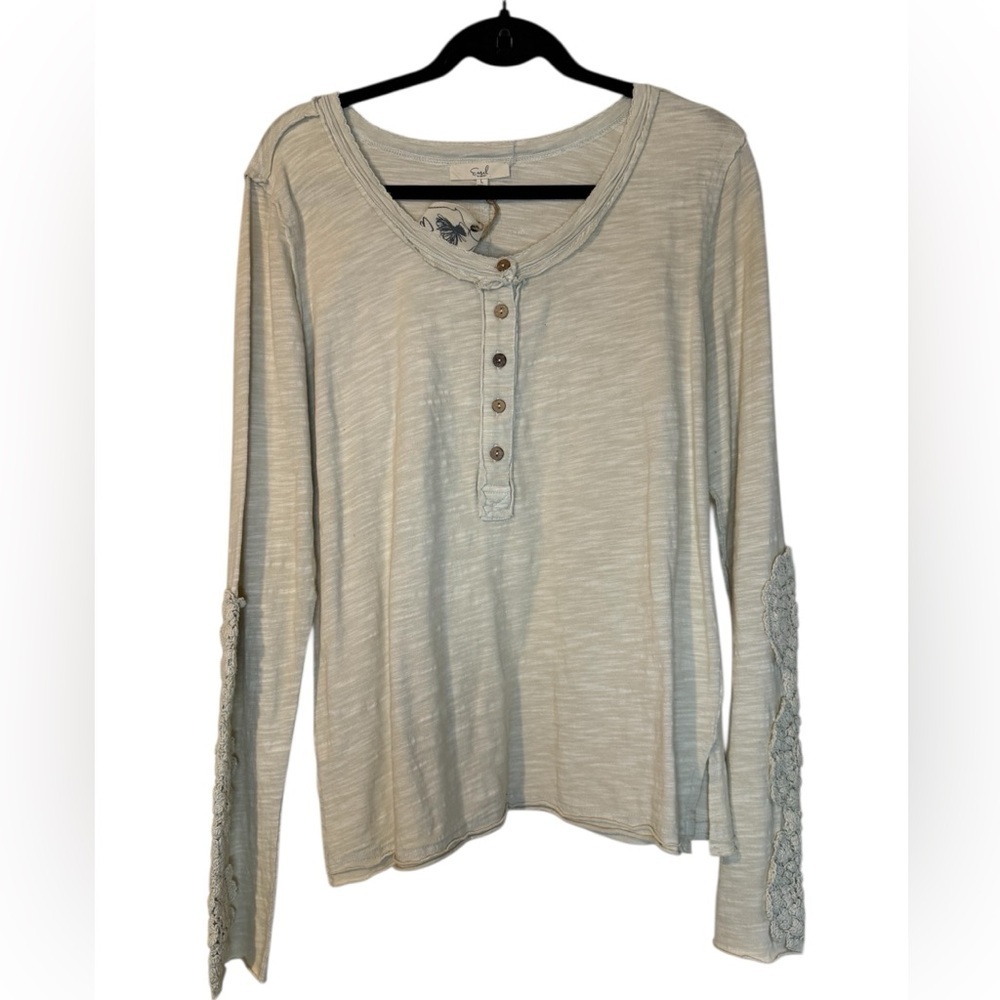 Easel Cream Women’s Henley Top Embroidered Sleeves